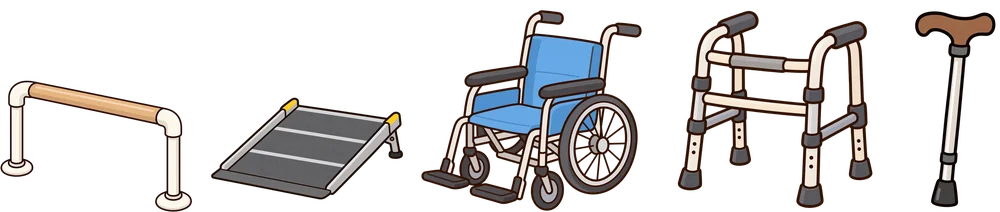 手すり・スロープ・車いす・歩行器・杖のイラスト